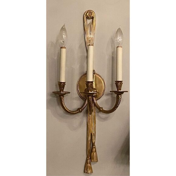 Antique 3 Arm Cast Brass Ribbon Tassel Torch Wall Sconce Neoclassical Style - Picture 1 of 7